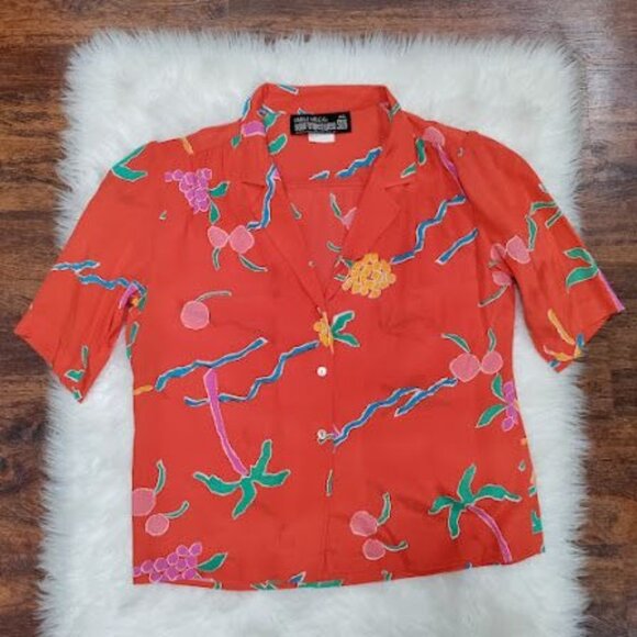 Carole Little St. Tropez West Silk Vintage Cropped Boho Hipster Whimsy Shirt M - Picture 2 of 12